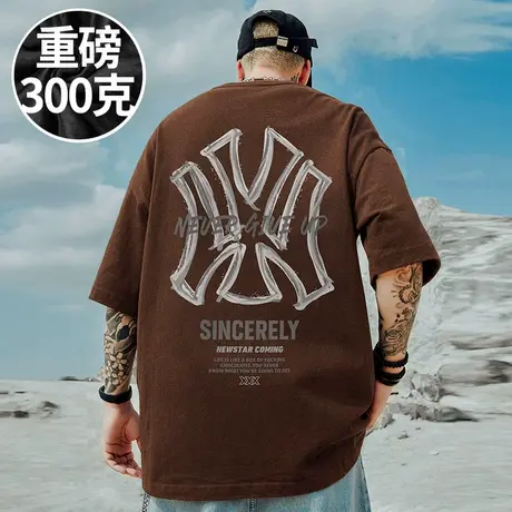 100%纯棉300g重磅潮牌宽松胖子T恤短袖加肥加大码男装夏季半截袖商品大图