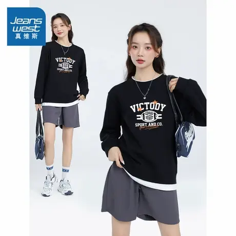 KMV真维斯黑色卫衣女2025春新款时尚潮流假两件宽松百搭休闲长袖商品大图