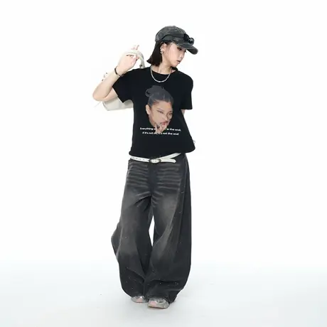 美式复古黑色泼墨牛仔裤女新款慵懒风垂感弯刀裤水洗做旧拖地裤子商品大图