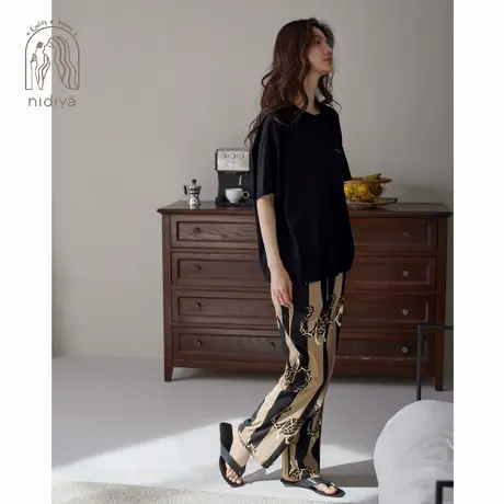 妮狄娅睡衣女夏季柔软棉薄款圆领短袖宽松休闲时尚外穿家居服套装商品大图