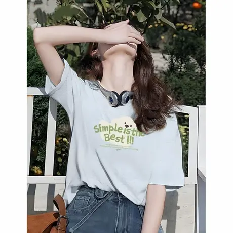 夏季短袖t恤女2025新款爆款纯棉落肩小众美式宽松半袖灰色上衣ins商品大图