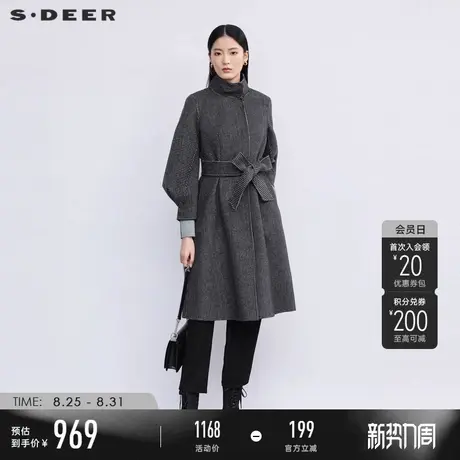 sdeer圣迪奥冬季女装立领格纹收腰泡泡袖毛呢大衣S22482514图片