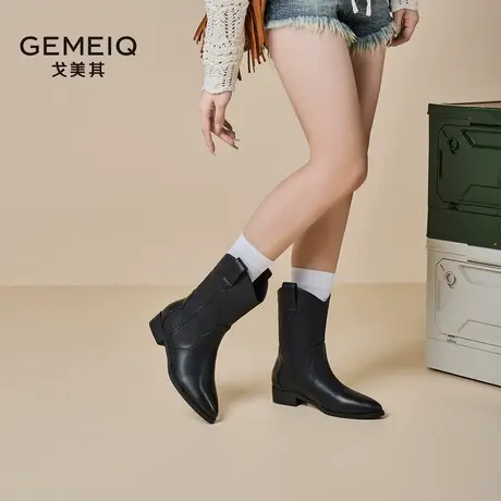 戈美其西部牛仔靴女2025春季新款加绒复古尖头中筒套筒粗跟短靴子图片