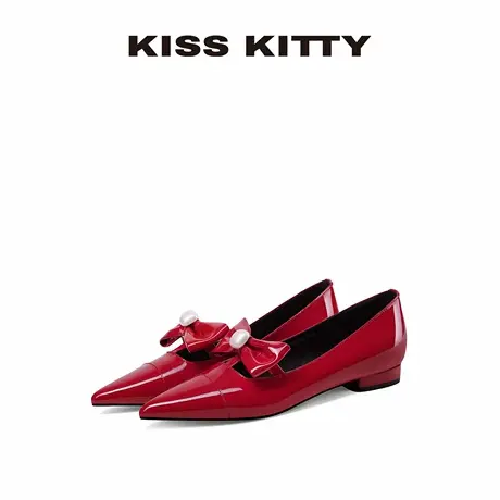 【呼呼专享】KISSKITTY酒红色高跟鞋女2025夏季新款蝴蝶结牛皮单商品大图