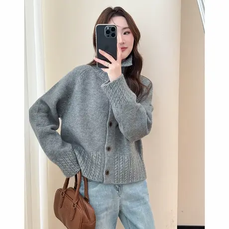 唐狮秋冬季女毛衣复古慵懒风绞花设计开衫短款高级感翻领tu图片