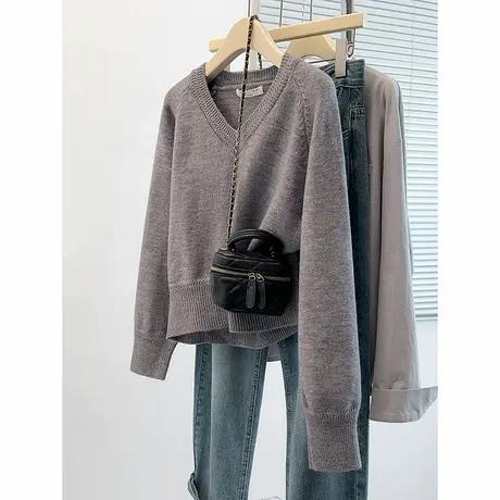 唐狮毛衣女简约休闲百搭V领设计套头纯色短款针织衫显瘦上衣TD商品大图