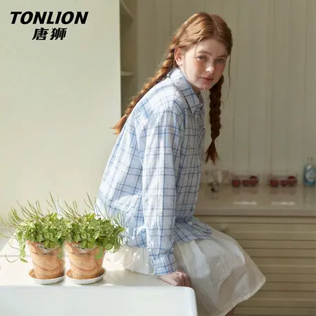 唐狮官方蓝色格子衬衫外套女2026新款春秋款女款韩系慵懒风上衣VB商品大图