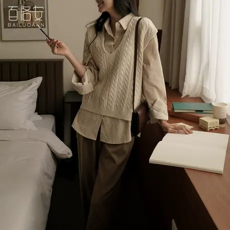 百洛安复古绞花毛衣马甲女2023秋冬新款时尚V领宽松无袖针织背心图片