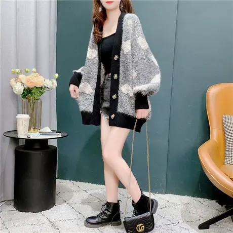 2021新款爱心仿水貂绒毛衣开衫女外穿春秋慵懒风宽松针织外套上衣商品大图