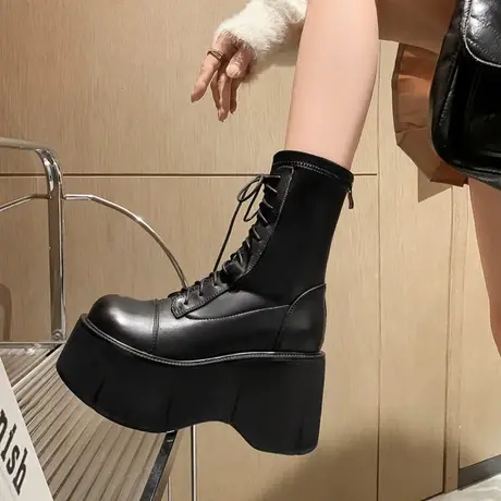 小个子超高跟马丁靴女秋冬厚底增高机车靴防水台系带松糕潮酷短靴商品大图