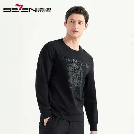 【清仓】柒牌男装新款套头圆领卫衣休闲潮流男士微弹棉纤维打底衫图片