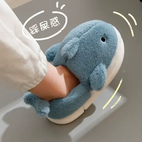 包跟棉拖鞋男冬季加绒保暖厚底踩屎感可爱鲨鱼室内居家情侣棉鞋女商品大图