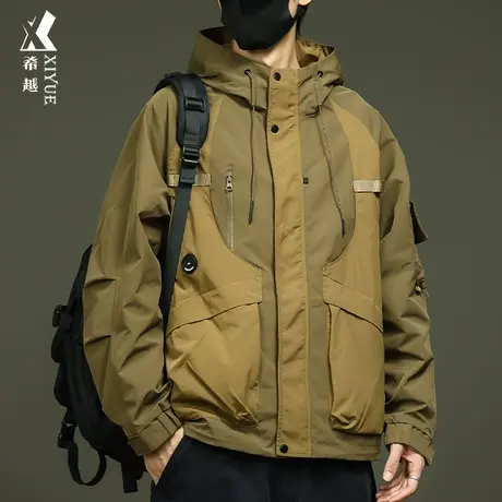 希越冲锋衣男士户外拼接防水外套秋冬季宽松大码美式工装连帽夹克商品大图
