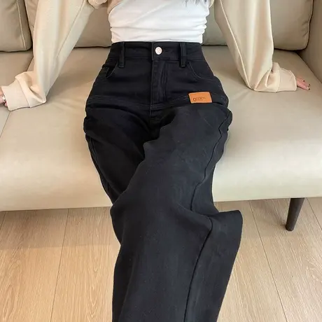 黑色加绒阔腿牛仔裤女冬季新款加厚高腰设计感宽松显瘦直筒拖地裤商品大图