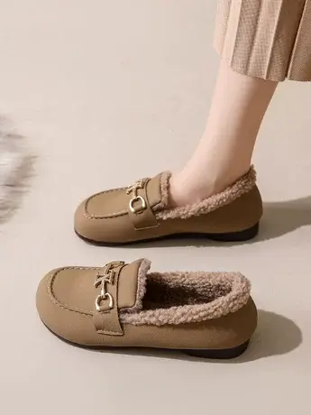 软底小皮鞋女2023秋冬新款平底软皮加绒保暖韩版百搭孕妇豆豆鞋子商品大图