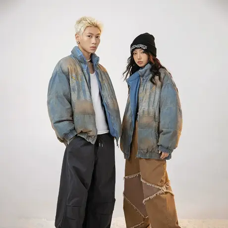 复古做旧立领棉服女加厚冬季牛仔外套2023新款情侣面包服宽松棉衣图片