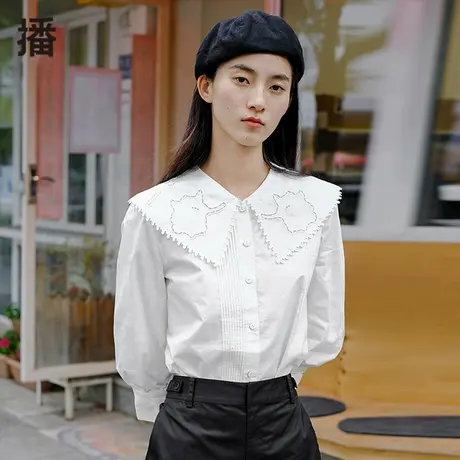 播夏季新款休闲百褶装饰通勤文艺刺绣海军领衬衫系列女BDO2HD1011商品大图