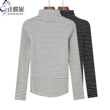 秋冬新款半高领修身显瘦纯棉条纹圆弧纯欲长袖体恤上衣女打底衫商品大图