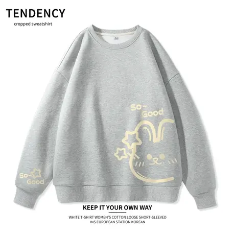 真维斯LIFE灰色卫衣女2023年新款春秋薄款小个子宽松可爱兔子上衣商品大图