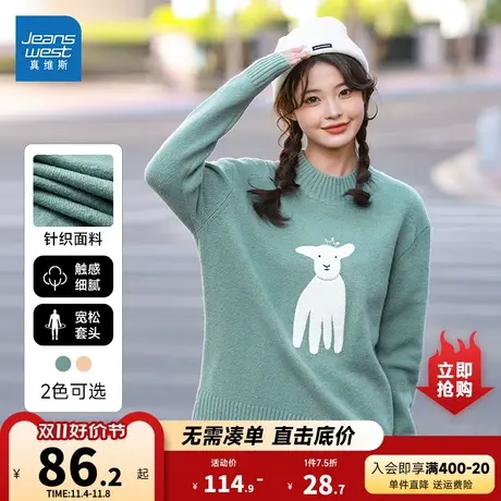 JW真维斯女装宽松厚款毛衣 冬季女款保暖毛巾绣马海毛半高领毛衣商品大图