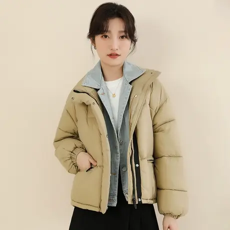 新品8.5折】假两件牛仔拼接棉服女时尚棉衣外套厚面包服商品大图