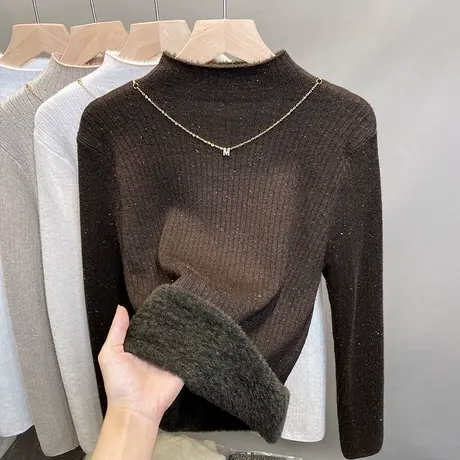 一体绒半高领毛衣加绒加厚打底衫2023秋冬新款亮丝针织衫内搭上衣商品大图