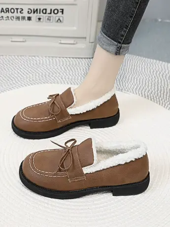 时尚爆款圆头加绒乐福鞋女2023冬新款粗跟保暖学院风软底豆豆鞋潮商品大图