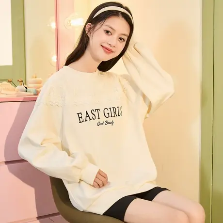 唐狮女款卫衣春秋季圆领宽松小个子减龄外套上衣蕾丝设计感甜美图片
