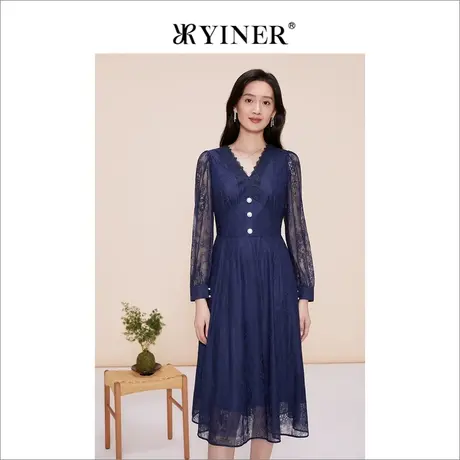 YINER音儿女装2023春季新款网纱蕾丝中长款连衣裙图片