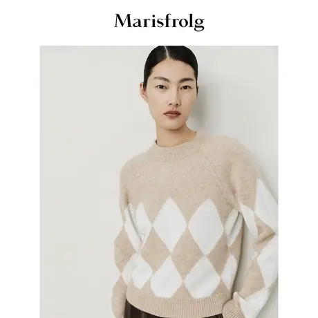 【逐光之旅】玛丝菲尔春装新款菱形格宽松纯羊毛衫毛衣内搭女商品大图