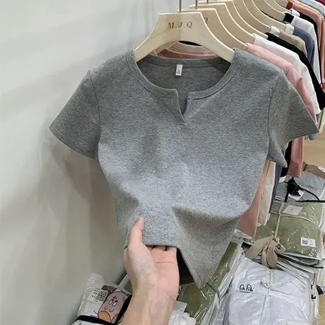 甜辣妹正肩短袖T恤女装设计感小众夏季chic独特别致修身短款上衣商品大图