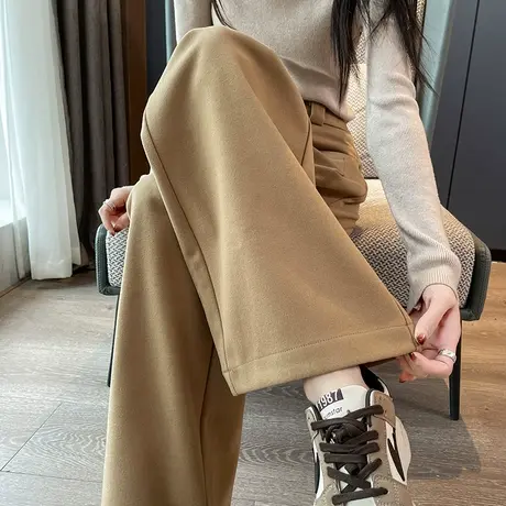 毛呢阔腿裤女秋冬新款宽松直筒垂感高腰加绒加厚休闲拖地西装裤子图片