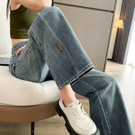 美式窄版阔腿牛仔裤女春秋2023新款高腰复古宽松显瘦拖地直筒裤子商品大图