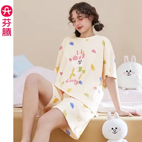 芬腾布朗熊睡衣女纯棉夏季短袖薄款宽松休闲少女可外穿家居服套装商品大图