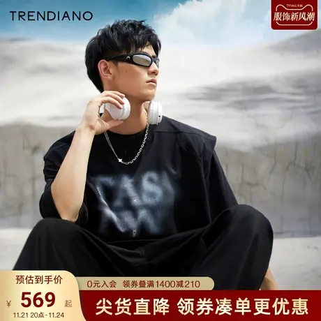 TRENDIANO官方2023新款秋季街潮喷绘可拆卸两件套印花宽松短袖t商品大图