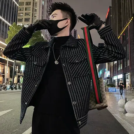 2023年秋冬季简约高级感毛呢夹克男轻熟休闲条纹短款呢子外套上衣商品大图