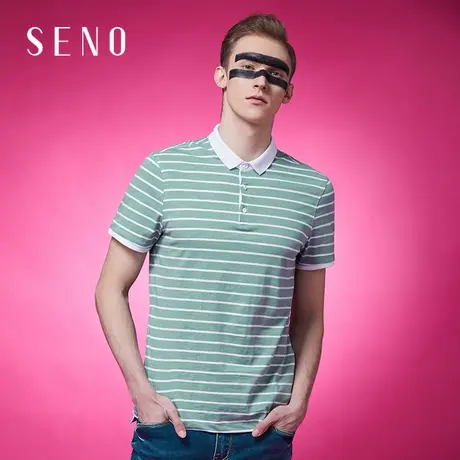 seno夏季商务休闲时尚polo衫男翻领夏季茶绿色潮流条纹修身polo商品大图