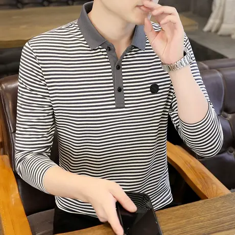 2023新款秋季条纹男士长袖t恤潮流拼色翻领polo衫棉上衣服男装ins商品大图