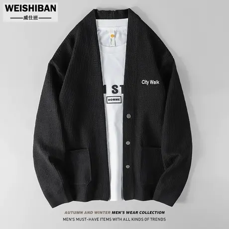 潮牌轻奢华夫格开衫男春秋纯色V领毛衣无扣舒适慵懒风针织衫外套商品大图