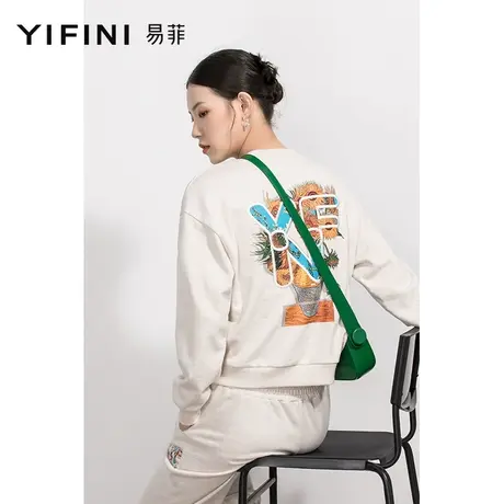 Yifini/易菲休闲宽松短款卫衣女春新款后背印花套头上衣商品大图