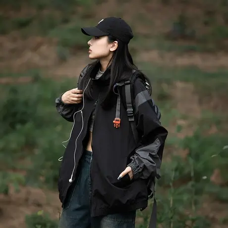 潮牌立领拼接运动外套女春秋2023年新款户外情侣装爬山夹克商品大图
