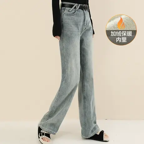 韩潮袭人磨白高腰加厚阔腿裤女2023冬新款宽松显瘦加绒牛仔直筒裤商品大图