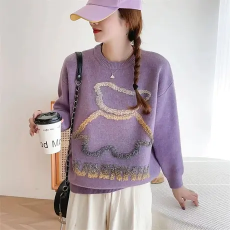 秋冬加厚设计感女装小熊套头毛衣女洋气减龄慵懒风针织衫打底上衣图片