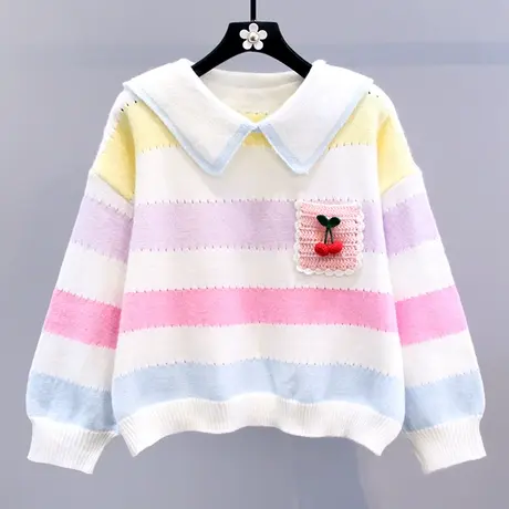 日系学院风娃娃领彩色条纹毛衣女冬季2023新款宽松甜美减龄针织衫商品大图