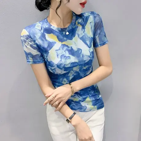 时尚涂鸦印花T恤女短袖网纱洋气圆领上衣欧货显瘦修身小衫夏季ins图片