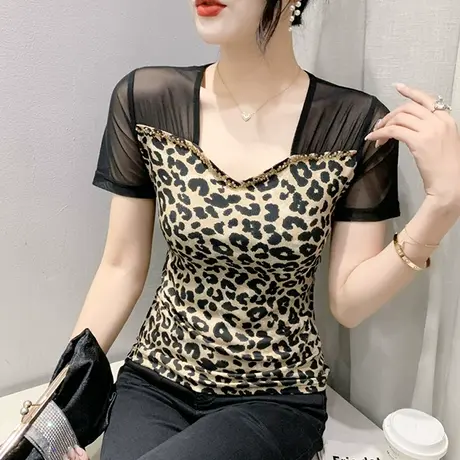 欧货豹纹T恤女短袖2024夏装新款性感V领钉珠小衫紧身网纱拼接上衣图片