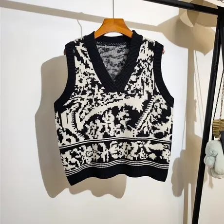 v领针织马甲女秋冬新款宽松复古提花设计感小众无袖毛衣背心外穿商品大图