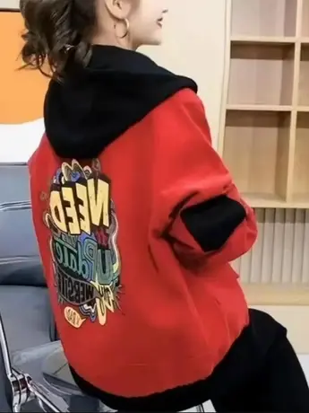 2023秋冬新款韩版棉衣宽松印花上衣女连帽休闲加绒加厚牛仔短外套商品大图