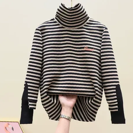 秋冬加绒加厚保暖卫衣高领打底衫女中长款宽松条纹t恤内搭上衣潮商品大图
