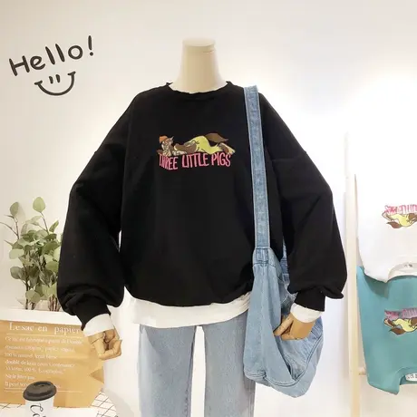 2019春款韩国东大门ulzzang卡通港风刺绣毛圈棉卫衣宽松显瘦休闲图片